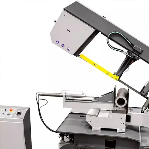 metallische Maschine, industrieller Scanner, förderband-system, steuerungspanel, gelbes Sicherheitsband