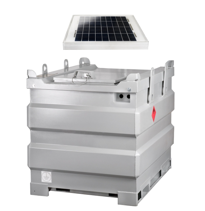 Pressol mobiSTEEL 1000 l ADR-Doppelwandtank mit 30 W Solarpumpenset, 12 V Akku, 54 l/min Dieselpumpe, Digitalzähler & Automatik-Zapfventil