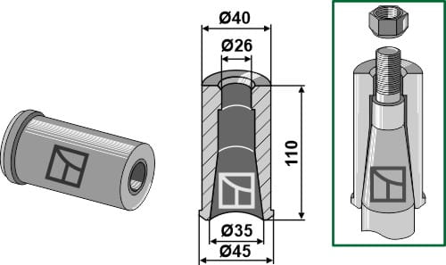 Weld-in bushing for tines with M24 thread