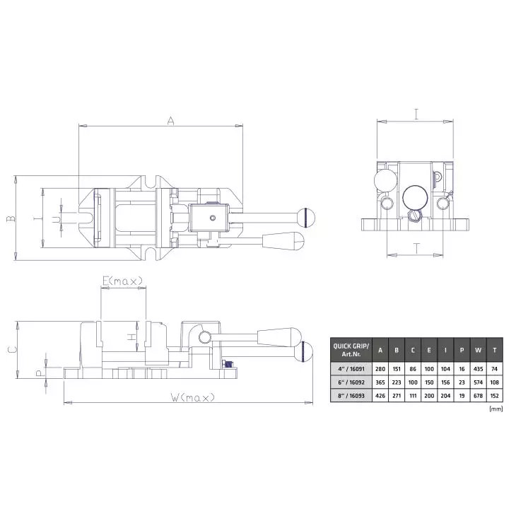 Elmag quick-release vise 200mm, prism jaws