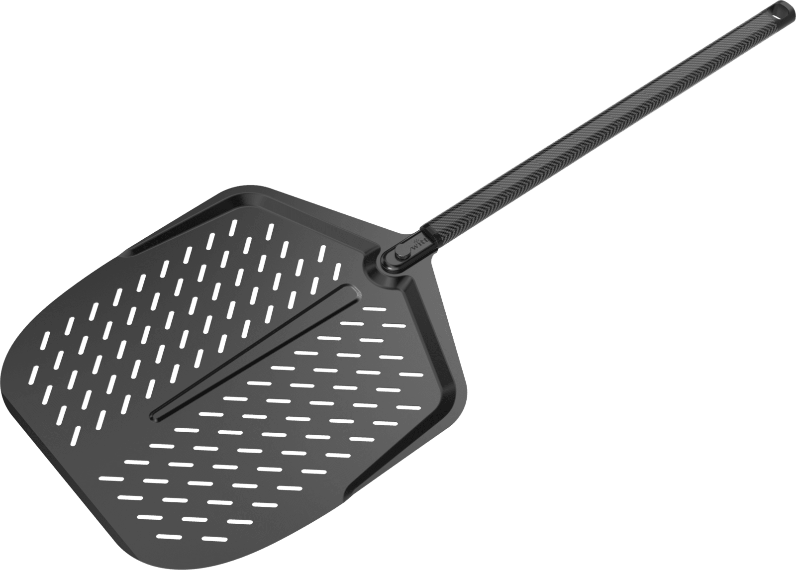 Witt Pizza-Schieber 14 Zoll / 36 cm Black Edition - Aluminium – perforiert mit langem Carbongriff