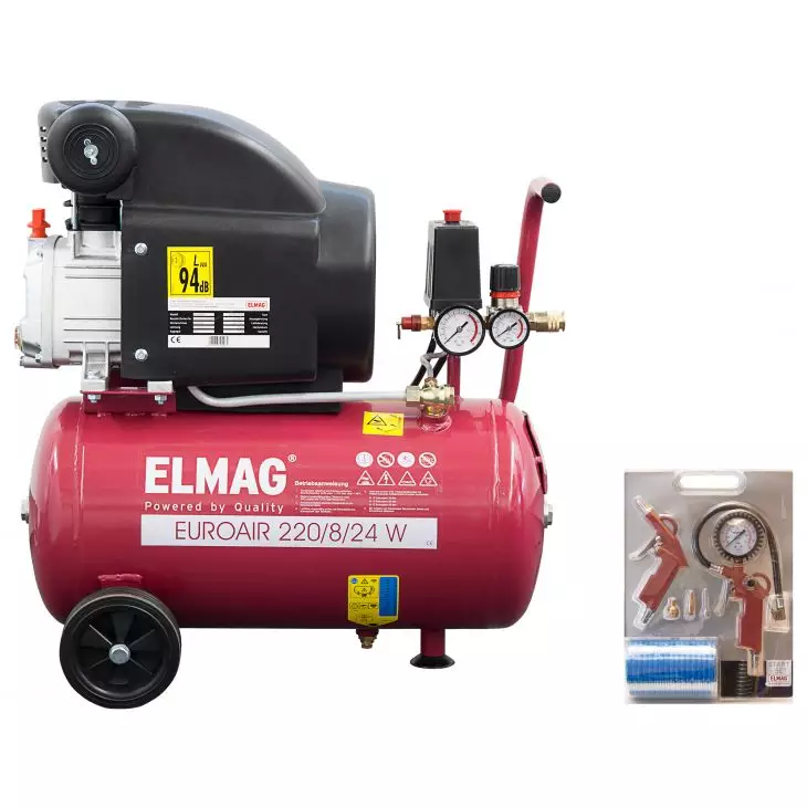 ELMAG Kolbenkompressor EUROAIR 220/8/24 W - SET-AKTION mit ELMAG START-SET 6-teilig (Art. 42091), 122 l/min, 8 bar, 24 l Kessel, fahrbar