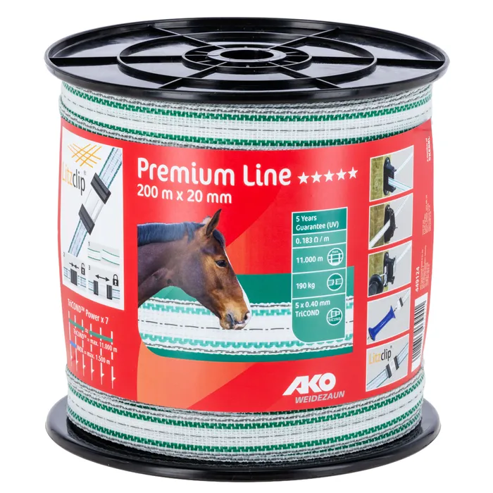 AKO TriCond Weidezaunband 200 m | 20 mm breit | Weiß/Grün | 5 × 0,40 mm TriCond-Leiter