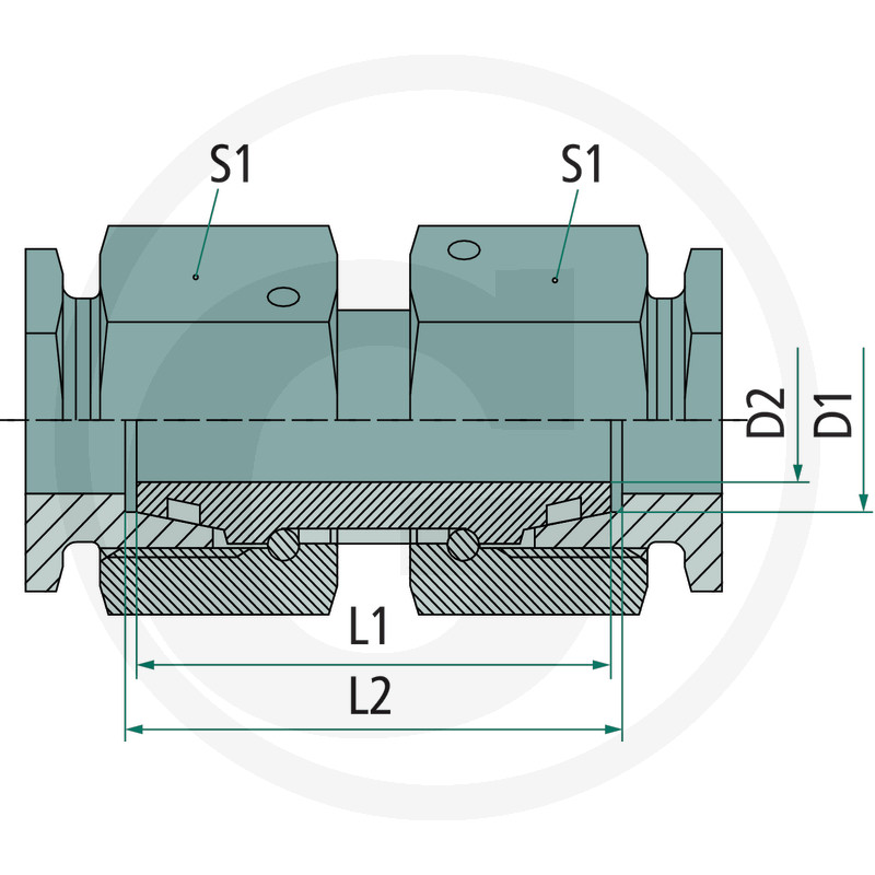 Rohrkupplung, Metallgehäuse, Dichtungsringe, Anschlussstutzen, Technische Zeichnung