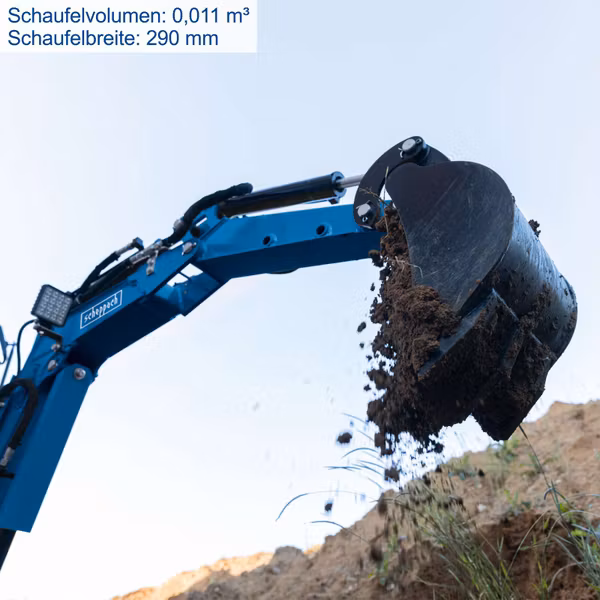 Scheppach MB850 Benzin-Mini-Bagger – 8,5 PS, 1200 mm Grabtiefe, 2330 mm Reichweite, 690 mm Spurbreite, inkl. Dach, 53-cm-Böschungslöffel, Baggerdaumen & Haltekralle