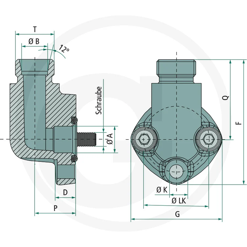 Angled pump flange - connection M18 x 1.5 / 12L / 3x M6 x 25