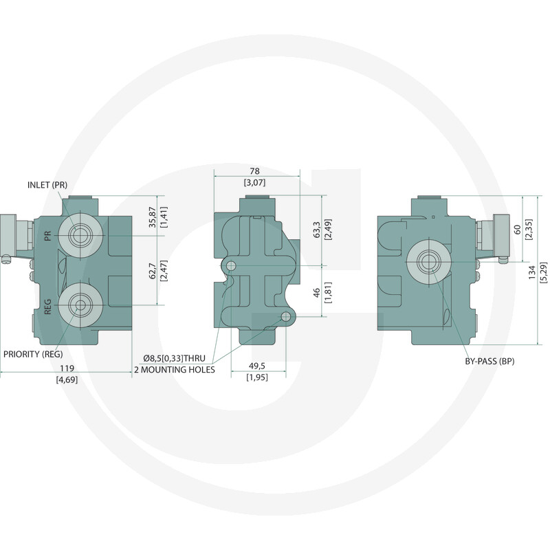 Hydraulikventil, Bypassventil, Druckgussgehäuse, Montagebohrungen, Technische Zeichnung