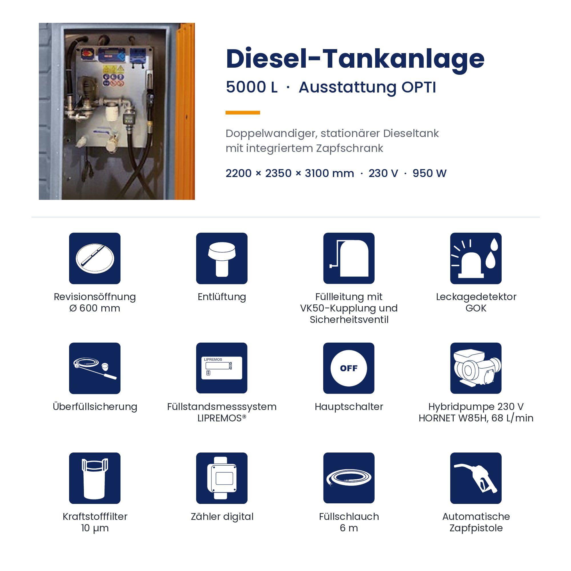 Diesel-Tankanlage, 5000 L, Ausstattung OPTI, Doppelwandiger Tank, Zapfschrank