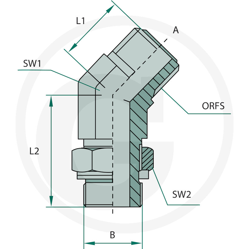 Hydraulikverschraubung, 45-Grad-Winkel, ORFS-Anschluss, Metall, Sechskantmutter