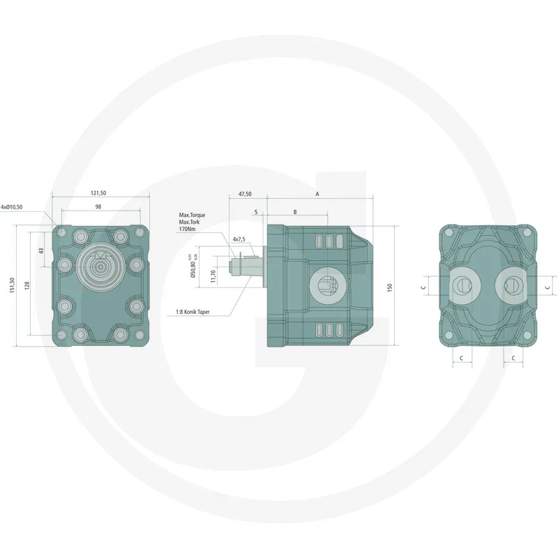Hypex Hydraulik Zahnradmotor reversierbar 82cm3 / Konuswelle 1:8 / 4-Loch Flansch