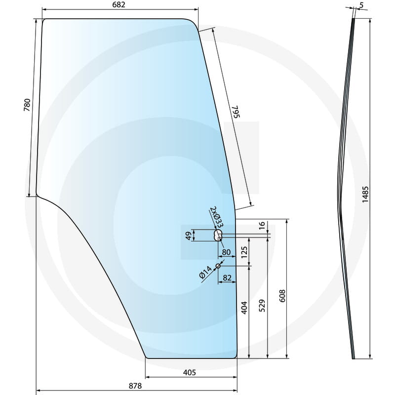 Türscheibe links, mit Rahmen - passend zu New Holland TL, TM, TS / Ford Serie 40, Serie 60 / Fiat Serie M