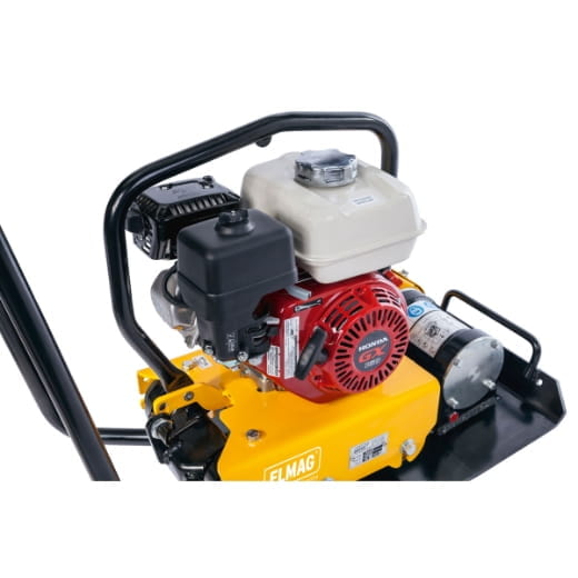 Elmag PCB14-40 forward-running vibratory plate compactor with Honda GX160 engine, 14 kN centrifugal force, including transport wheels and crane hook