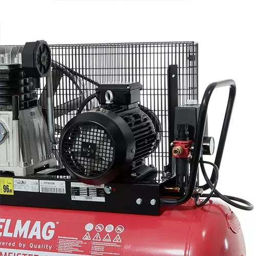 Druckluftkompressor, elektrischer Motor, roter Tank, Spule?, Luftkessel?