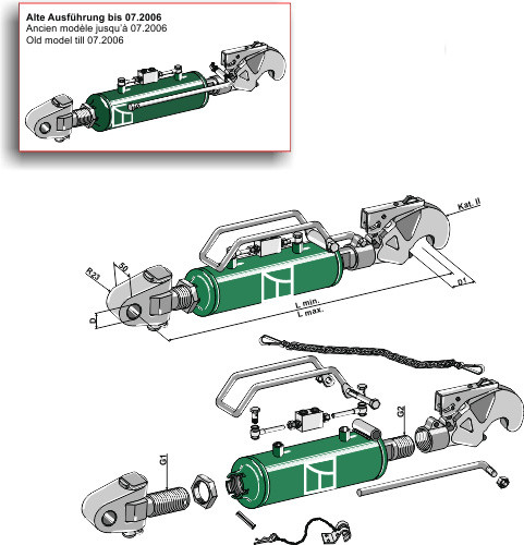 KAT II Hydraulischer Oberlenker mit Fanghaken und Gelenkkopf