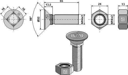 Pflugschraube DIN 608 - 8.8 M16 X 2 X 65 und Sechskantmutter