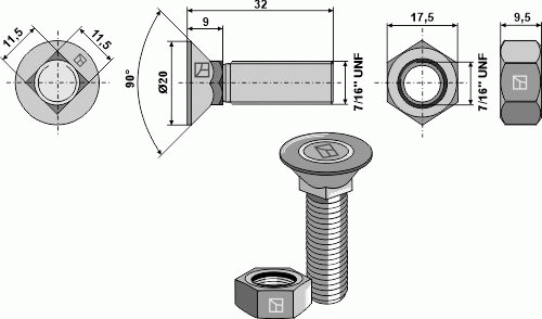 Pflugschraube - 8.8 7/16" UNC x 32 und Sechskantmutter