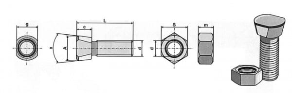 Scharschraube - 10.9 M12 x 1,75 x 45 mit Sechskantmutter