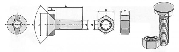 Pflugschraube ISO 5713 - 8.8 M10 x 1,5 x 40 mit Sechskantmutter